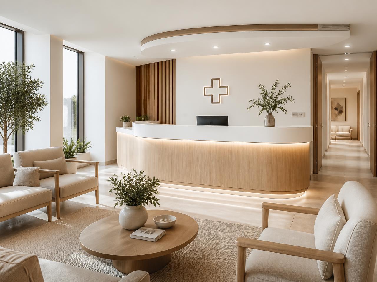 Bright reception and waiting area of a modern medical clinic