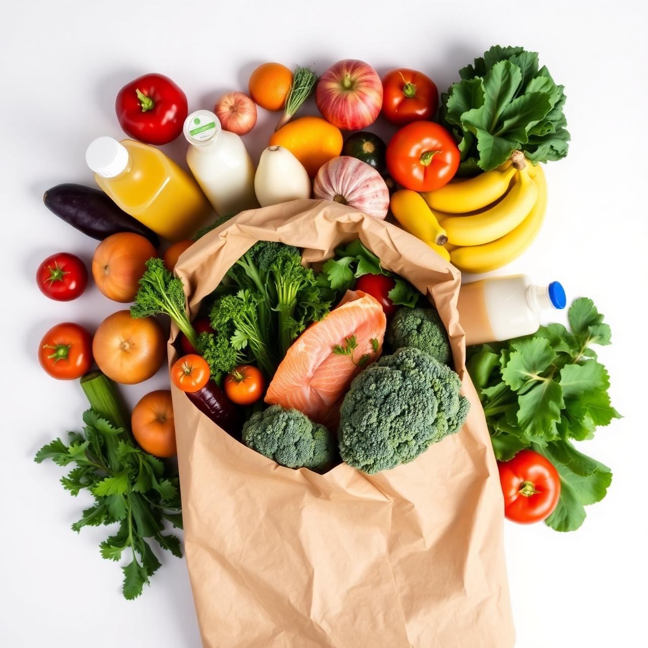 Fresh groceries spilling from a paper bag