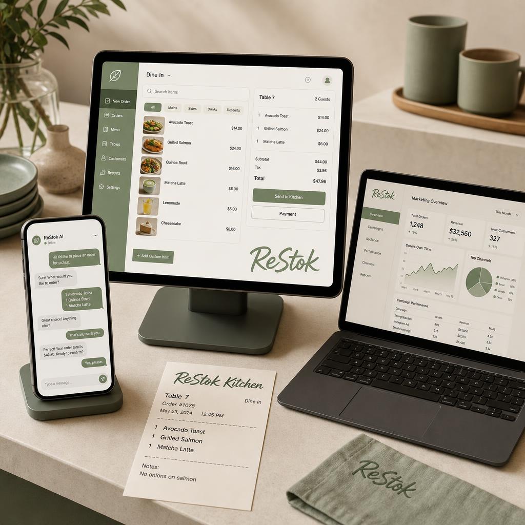 Restaurant POS, AI chatbot ordering, and marketing dashboard on a counter