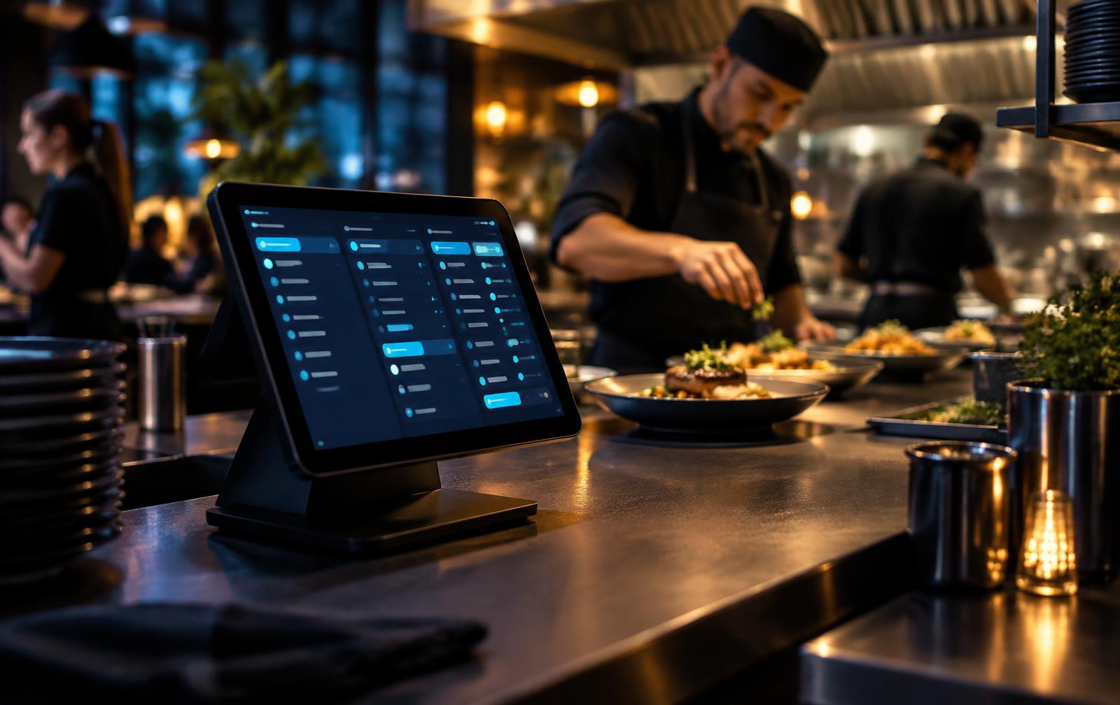 POS dashboard on a restaurant counter during service